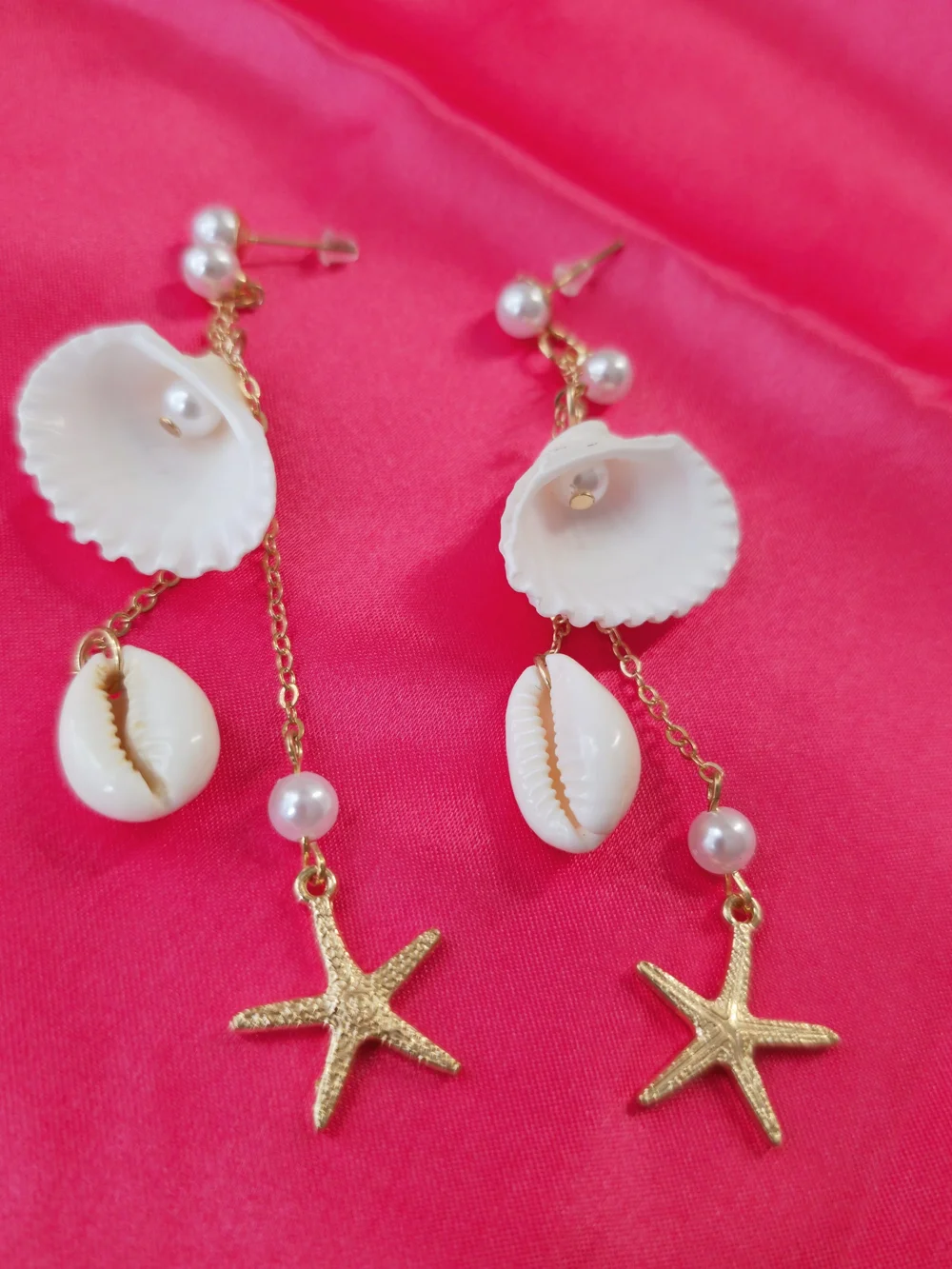 Natural‎ Seashell Drop Earrings - Beach Gold Starfish Design